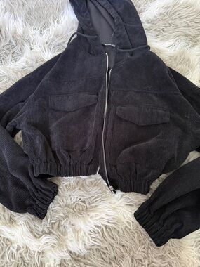 Black Corduroy Hooded Bomber Jacket